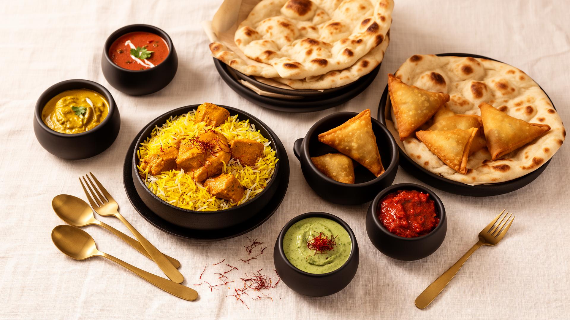 Saffransbiryani — ett uppdukat bord med indiska rätter i skandinavisk stil