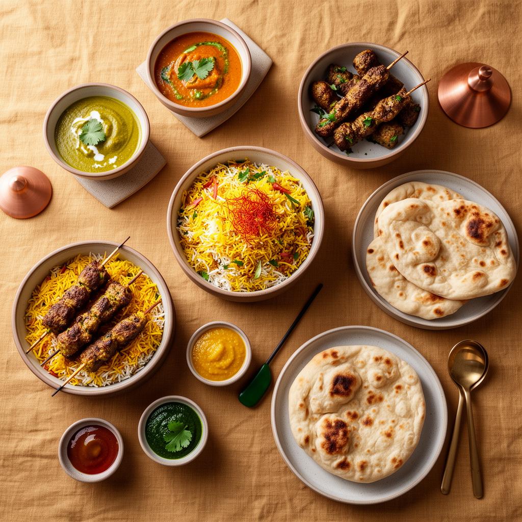 Översiktsbild av curry, biryani, kebab och naan i keramikskålar